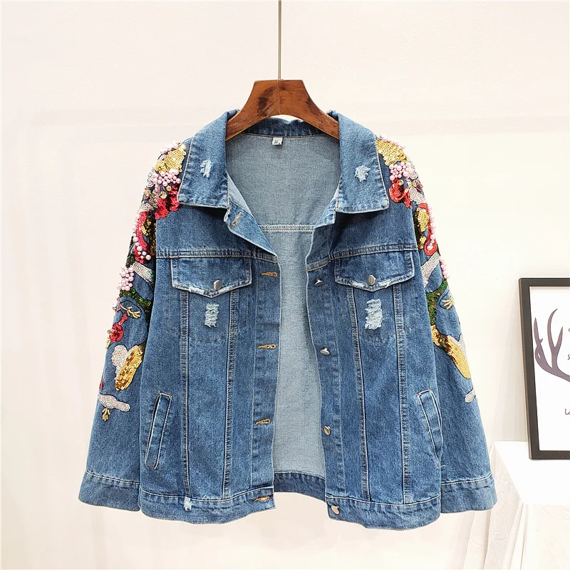 

Fashion Beading Sequin Embroidery Denim Jacket Women Coat Casual Loose Frayed Short Jeans Jacket Chaqueta Mujer Female Outwear