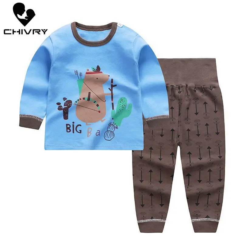 Newborn Kids Boys Girls Pajama Sets Cartoon Print Long Sleeve Cute T-Shirt Tops with Pants Toddler Baby Autumn Sleeping Clothes | Детская
