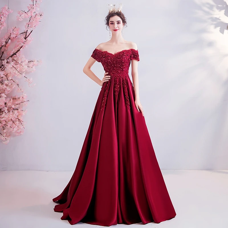 

Sleeveless Satin A-Line Boat Neck Prom Dresses Off-Shoulder Ball Gown Floor-Length Short Red maroon wedding dress