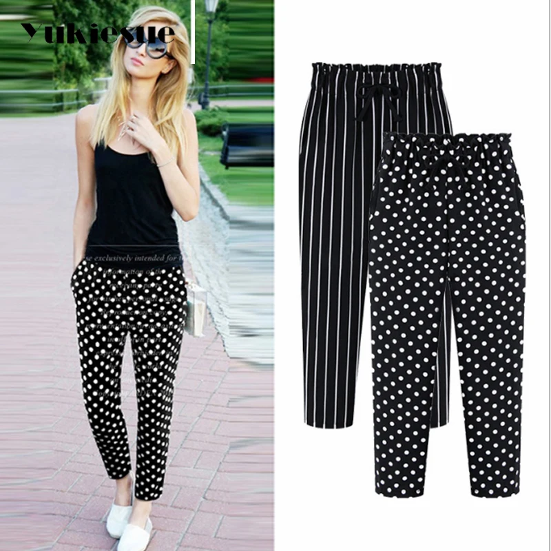 

L-5XL Plus Size Casual Women Trousers Ankle-Length Pants Fashion Dot Print Chiffon Summer Striped Harem Pants Extra Large