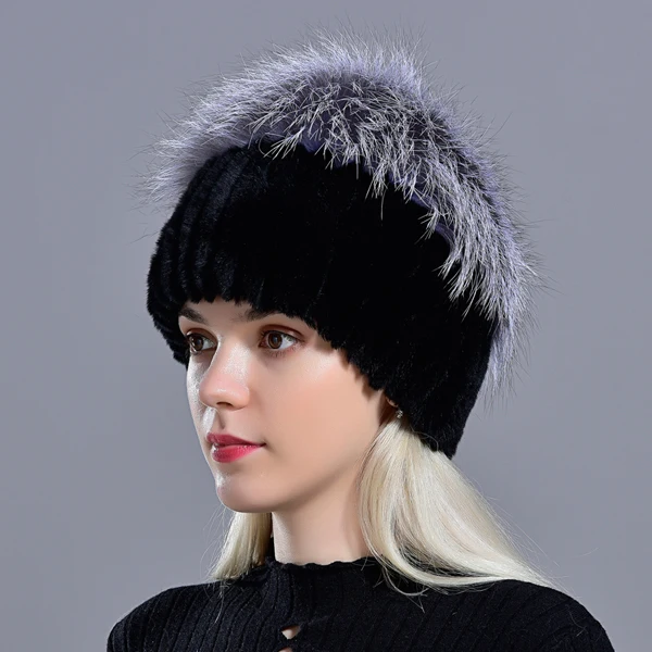 winter women hats fox rabbit fur pompom skullies beanies warm elastic fashionable fluffy thick outdoor stylish natural fur hats - Цвет: Black