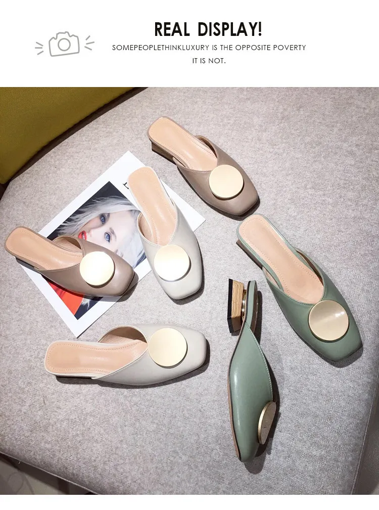 

Ladies Flat Lazy Sandals And Slippers Mules Flat Heel Casual Shoes British Buckle Sliding Block High Heels Summer Shoes