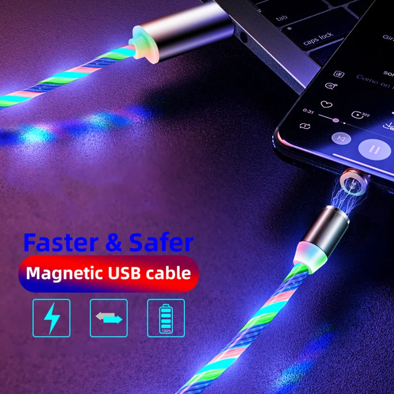 Магнитный зарядный кабель Micro USB Type-C со светодиодной подсветкой для iphone Samsung Huawei