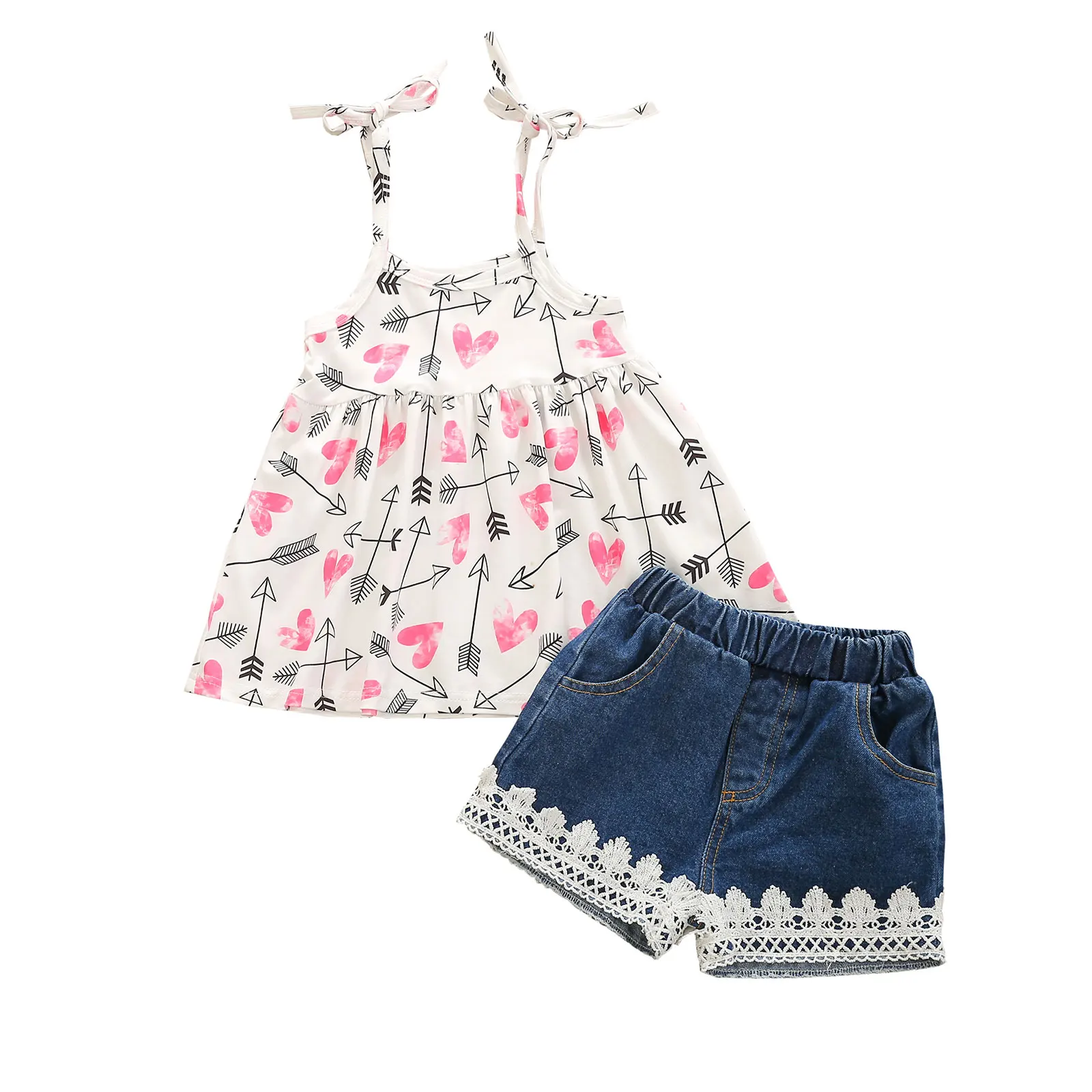 

Kids Children Girls Summer Two Piece Outfits Flora Print Sleeveless Tank Tops Lace Denim Shorts Baby Toddler Sets 1-6 Years