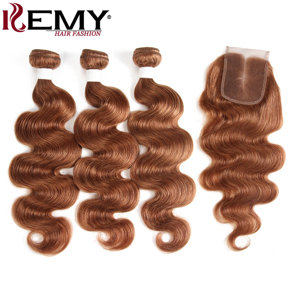 Средний коричневый 4# человеческие волосы пучки с закрытием 4*4 kemy Hair бразильские волнистые человеческие волосы ткет 3 шт не реми волосы