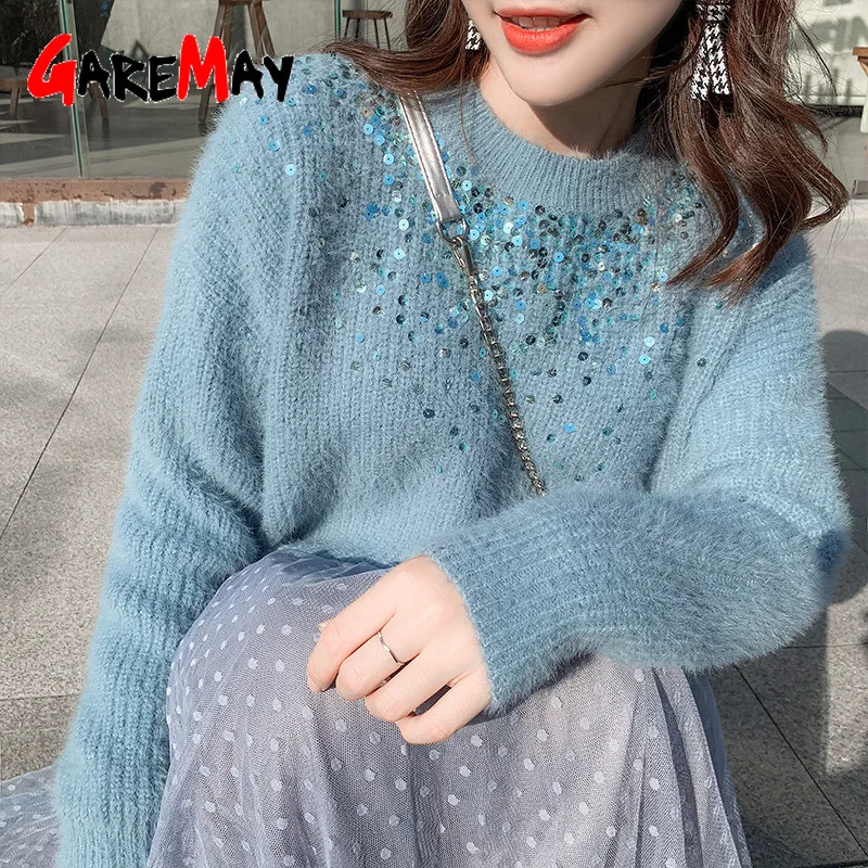 Зимний женский свитер с блестками вязаный пуловер свободный толстый теплый