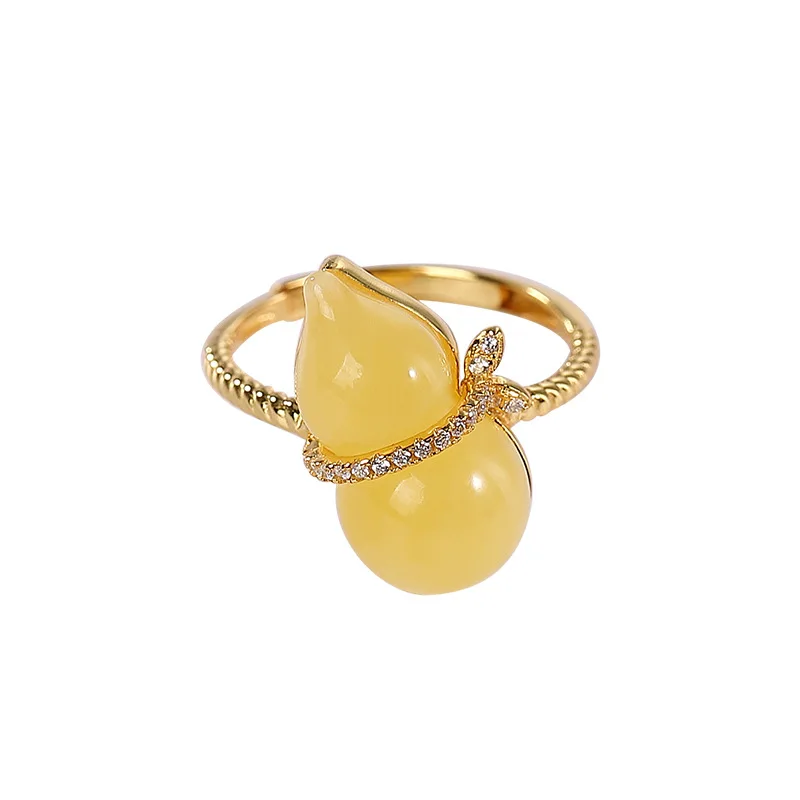 

S925 sterling silver gold-plated natural amber ring retro personalized gourd Fu Lu Women's Open ring