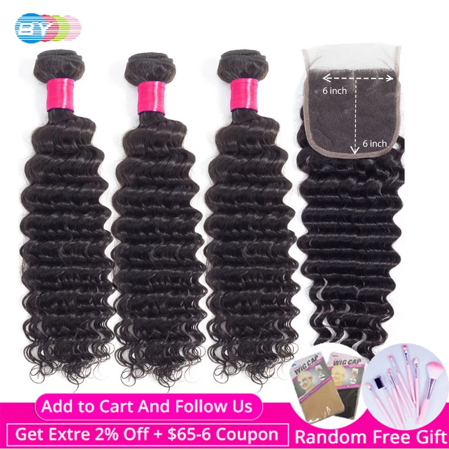 От 6x6 пряди и глубокая волна с закрытием бразильские волосы человеческие Remy Hair|3/4
