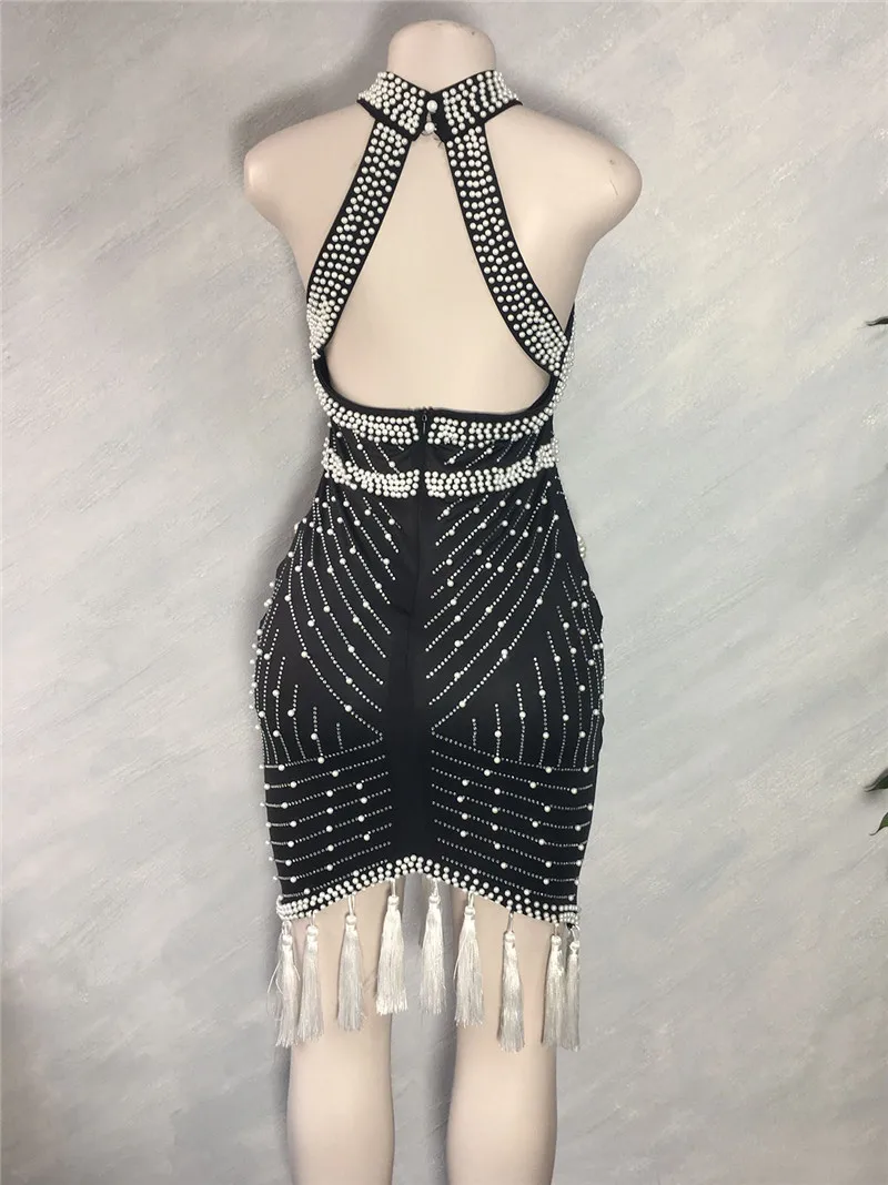 2022 White Black Tassel Beaded Sexy Sleeveless Cocktail Party Dresses For Women Summer Fashion Backless Dinner Club Midi Dress images - 6