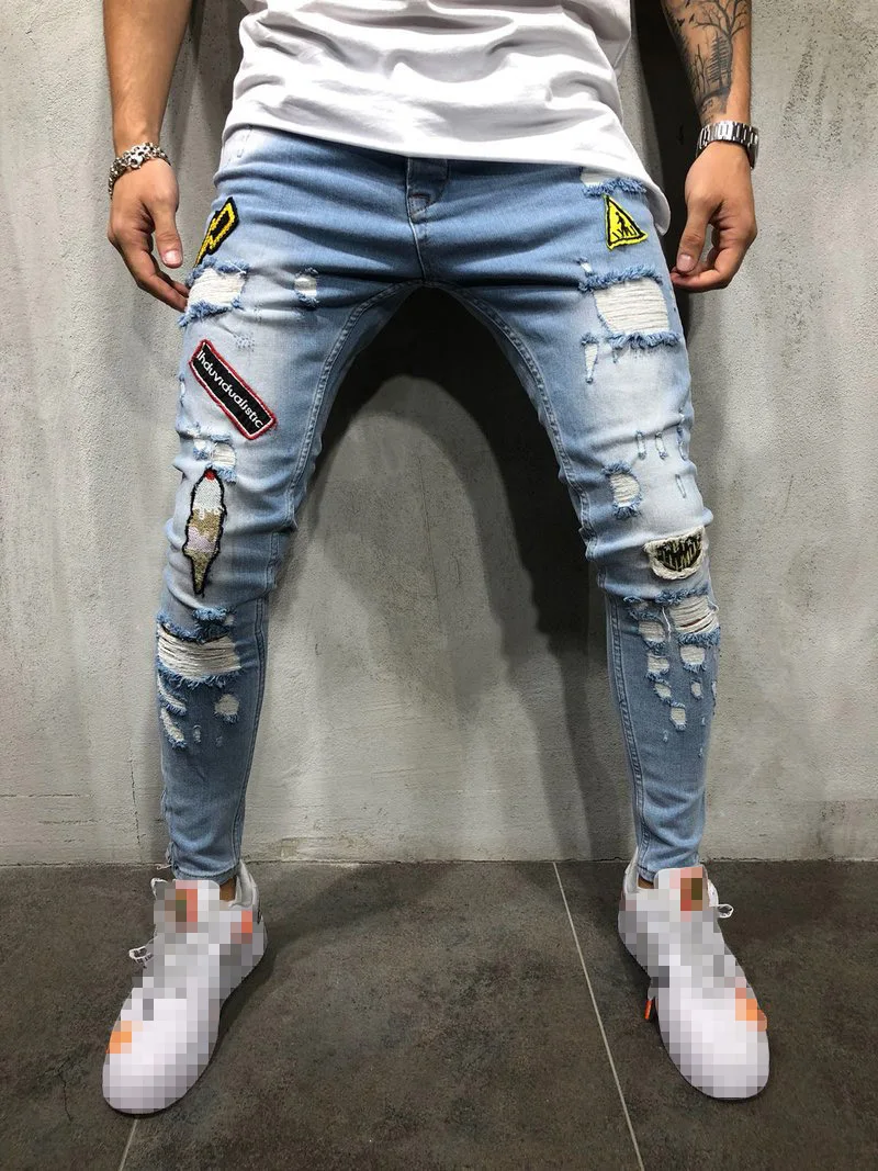 Mens Hip Hop Jeans Fashion Embroidery Print Skinny Destroyed Denim Pencil Pants Men Casual Slim Ripped Jeans pantalones