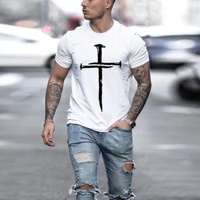 

Vintage Cross Printing Short Sleeve T Shirt For Men Fashion O-Neck Tee Casual Pullover 2021 Summer Male Harajuku Streetwear 3XL