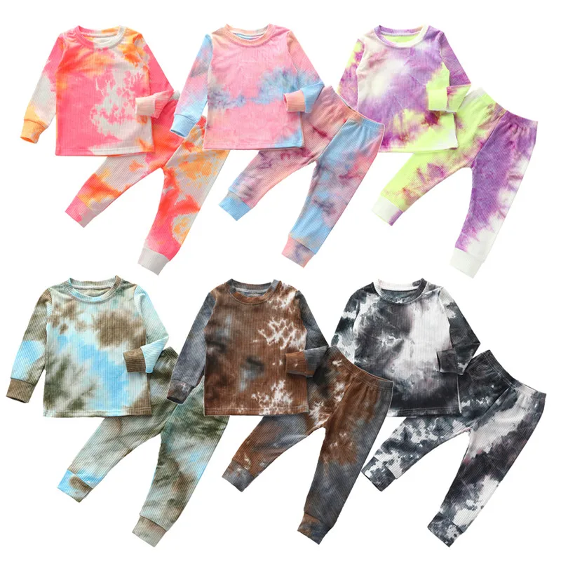 

Newborn Baby Girls Boys Tie-dye Pajama Set Long-sleeve Ribbed Pullover Top Long Pants Spring Autumn Homewear Tracksuits 1-6Y