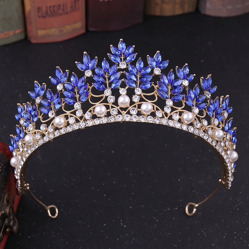 Gold Blue KMVEXO барокко Роскошный горный хрусталь свадебная тиара из жемчуга Корона диадема с кристаллами вуаль тиары свадебные аксессуары для волос головное украшение - Окраска металла: Gold Blue