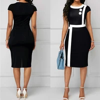 womens round neck white button stitching contrast color slim mid length black pencil short sleeved hip dress
