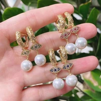 3 pairs fashion jewelry pearl shell drop earrings cz pave eye dangle earring for women shiny crystal zircon wedding elegant