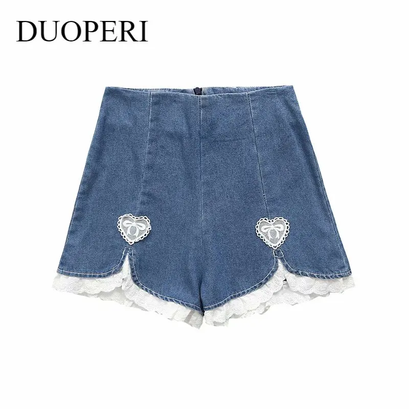 

DUOPERI Fashion Women Denim Shorts Summer High waist heart shape lace stitching Sweet Short Pants Elegant Chic Lady Jeans short