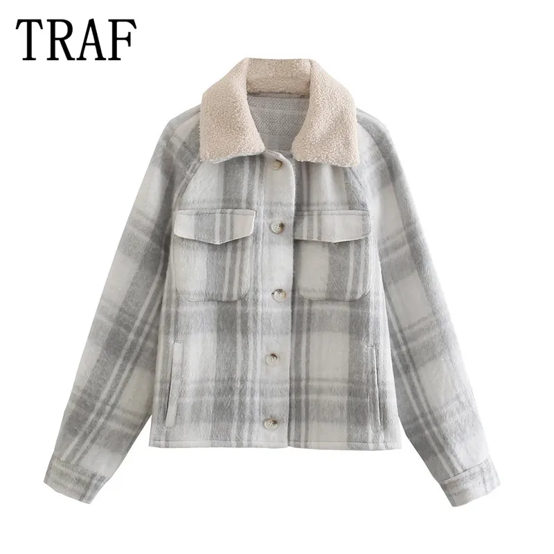 

TRAF Zar Faux Shearling Plaid Jacket Women Winter Plush Fleece Jacket Casual Long Sleeve Woman Jackets Button Up Short Overshirt
