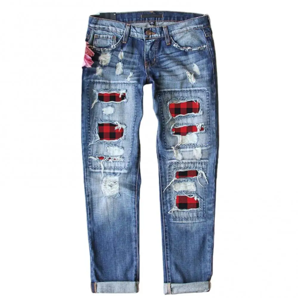 

Hot Sales!!! Women Fashion Ripped Hole Plaid Patch Patchwork Long Jeans Denim Pants Trousers