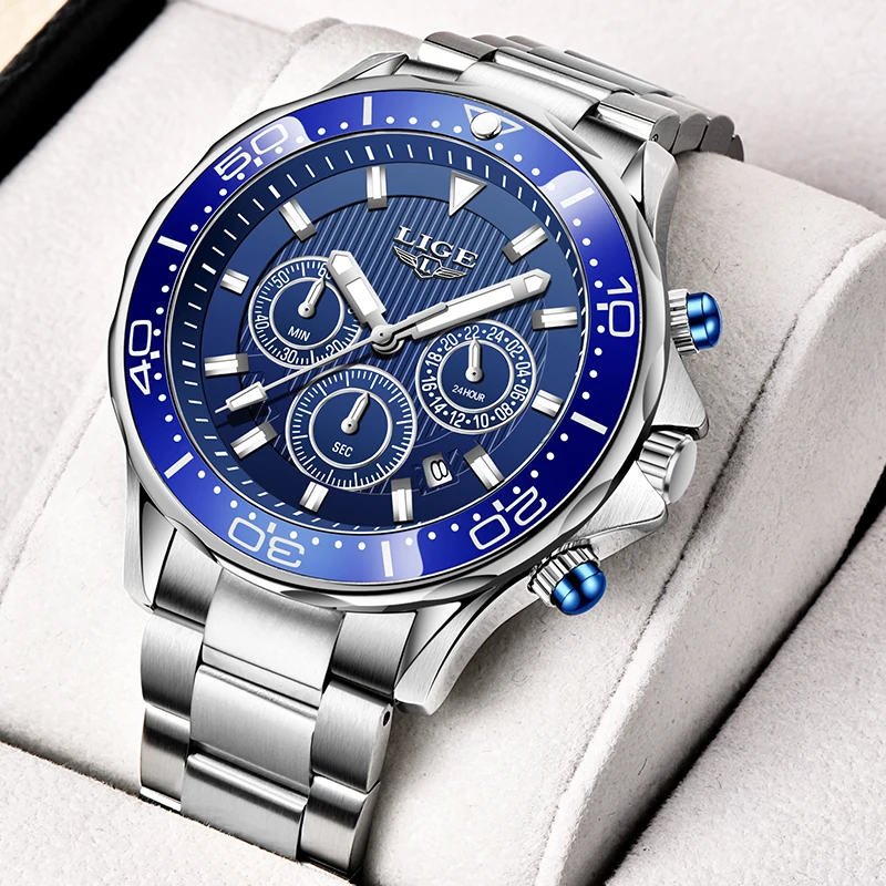 

LIGE Fashion Mens Watches Top Brand Luxury 316L Steel WristWatch Quartz Clock Men Waterproof Sport Chronograph Relogio Masculino