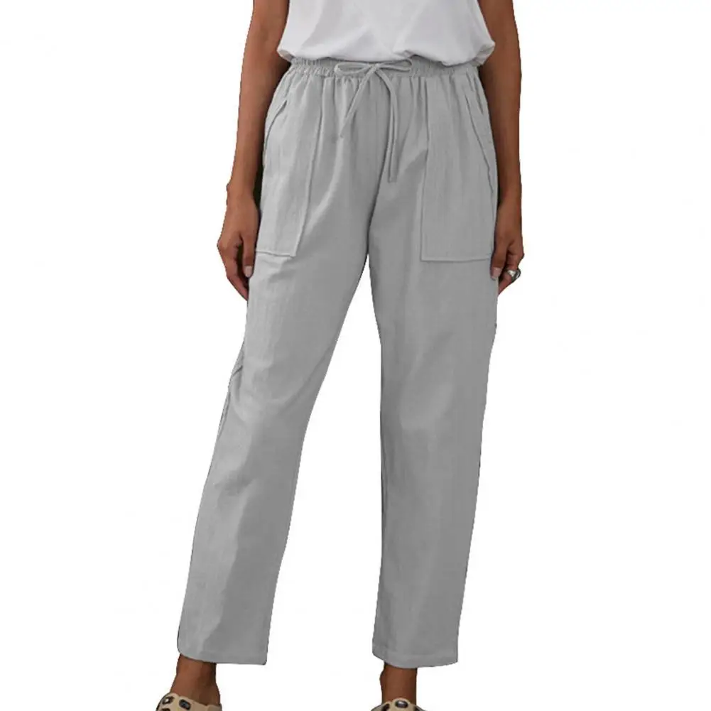 

Женские повседневные брюки с эластичным поясом, однотонные Прямые повседневные облегающие брюки со шнуровкой и карманами, свободные капри ...
