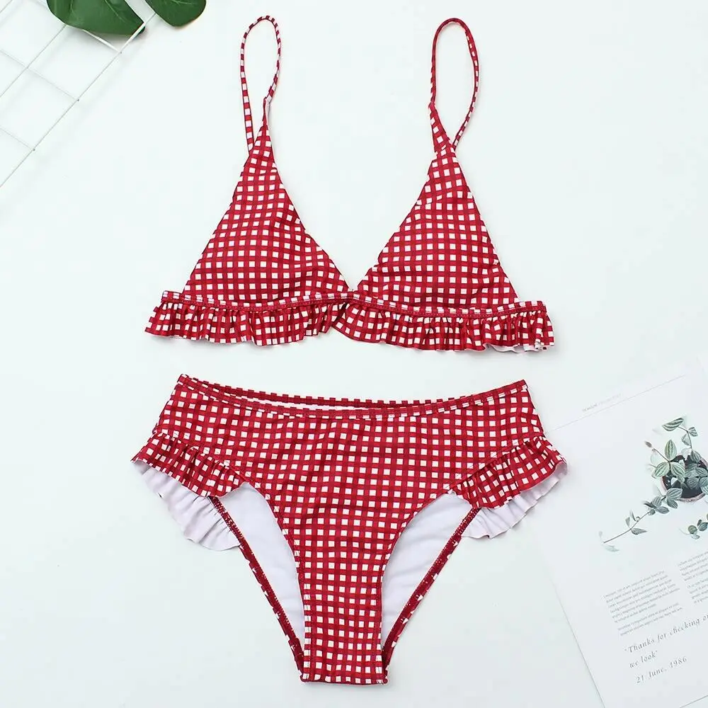 

Women Ruffle Plaid Bikini Set Swimsuit Ladies Triangle Push Up Padded Swimwear Beachwear Bathing Suit