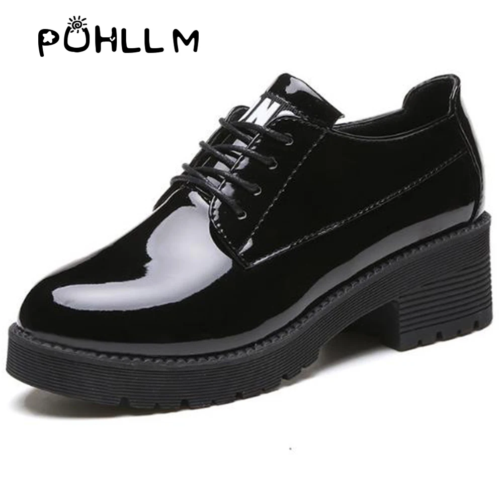 Нескользящая обувь из лакированной кожи с круглым носком женская на толстой