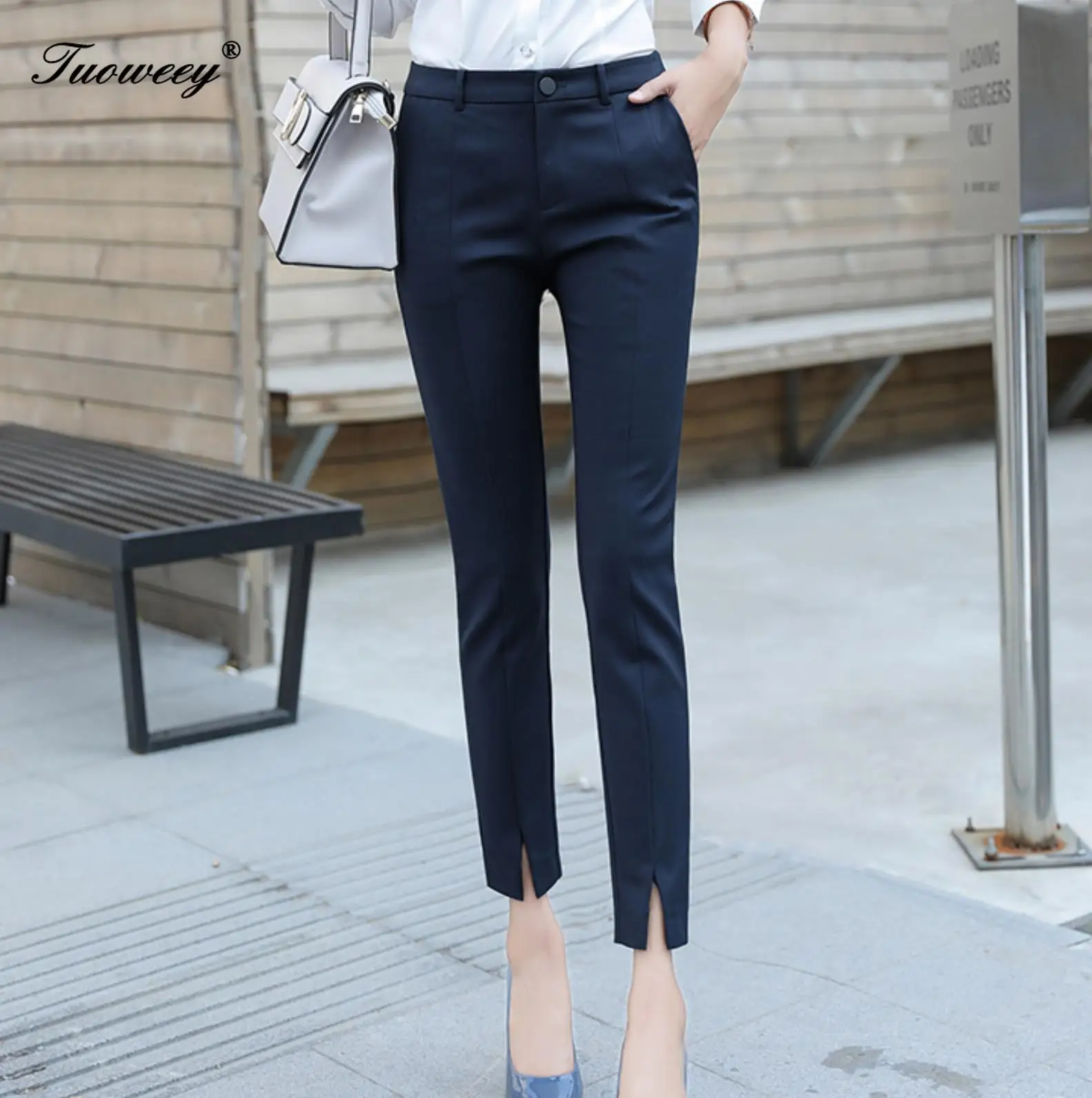 

Женский костюм со средней талией, брюки размера плюс, повседневные офисные брюки OL, 2021, весенне-осенние брюки для карьеры, модные синие брюки...