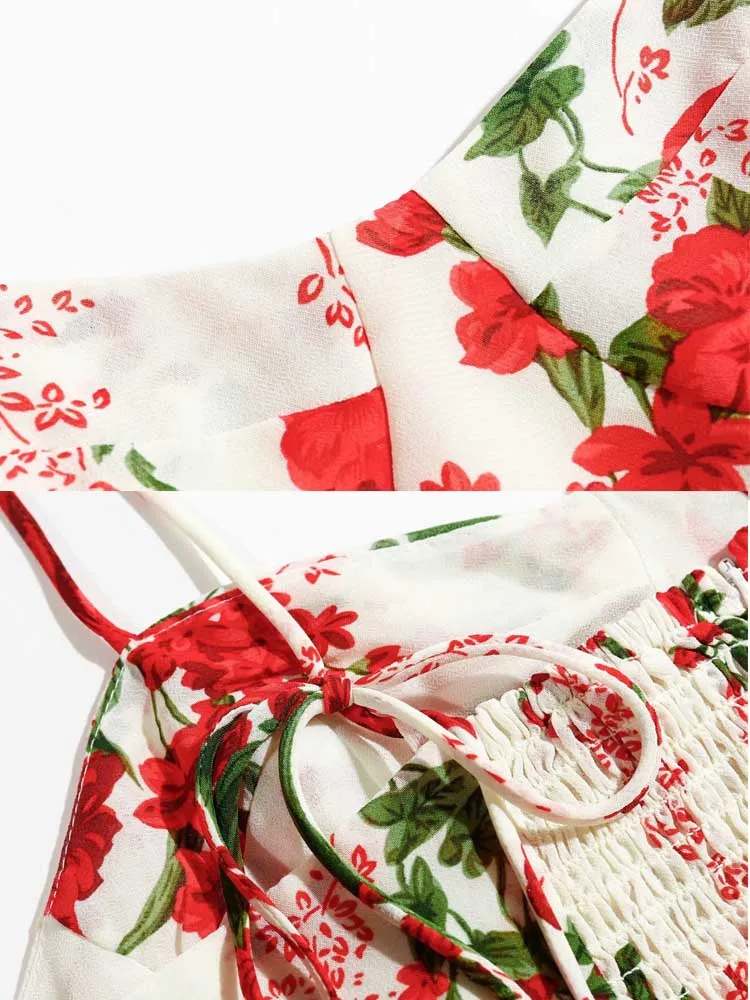 

yinlinhe Backless Strap Long Dress Irregular Split Gathered Sexy Dress Summer Vintage Slim Red Floral Party Dresses Women 2055