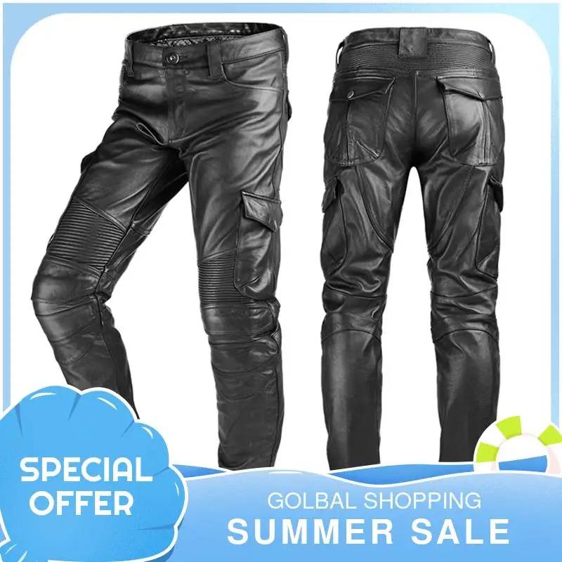 2021 черные брюки в американском байкерском стиле из натуральной кожи мужские