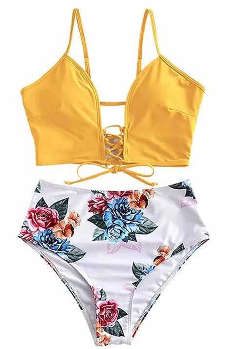 

2020 New Sexy Bikinis Flower Print Swimsuit Women Push Up Bikini Set High Waist Bandage Swimwear Women Bathing Suit Beachwear
