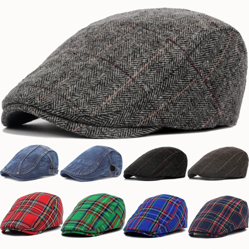 

Men's Newsboy Hats Autumn Winter British Western Style Striped Berets Caps Warm Wool Advanced Flat Ivy Cap Vintage Beret for Men