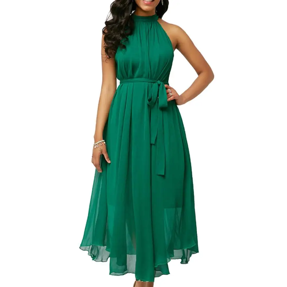 

Plus Size Women Summer Solid Color Pleated Chiffon Sleeveless Belted Maxi Dress