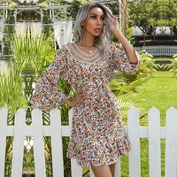 spring summer print short dress women 2021 new lace o neck flare sleeve floral dress ladies casual slim party dresses