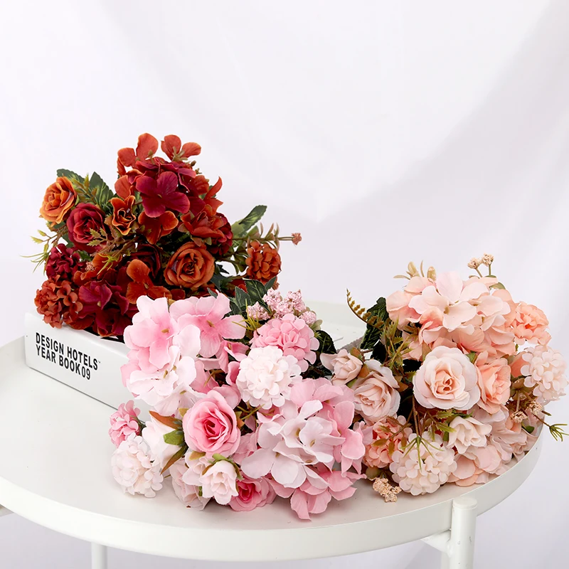 

Pink Artificial Flowers Bouquet High Quality Wedding Home Table Autumn Decor Fall Silk Flower Rose Hydrangea Hybrid Fake Flower