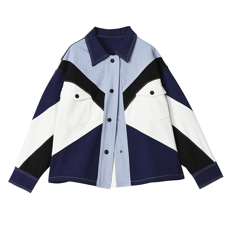 

Женская джинсовая куртка, короткая джинсовая куртка с контрастной строчкой, свободная текстурная верхняя одежда с длинным рукавом, весна-о...