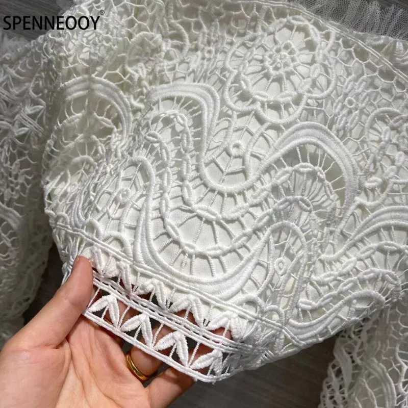 SPENNYMOOR 2021 Designer Brand Sexy Hollow Out Embroidery White Two Piece Set Women Off Shoulder Blouse + Ruffles Shorts