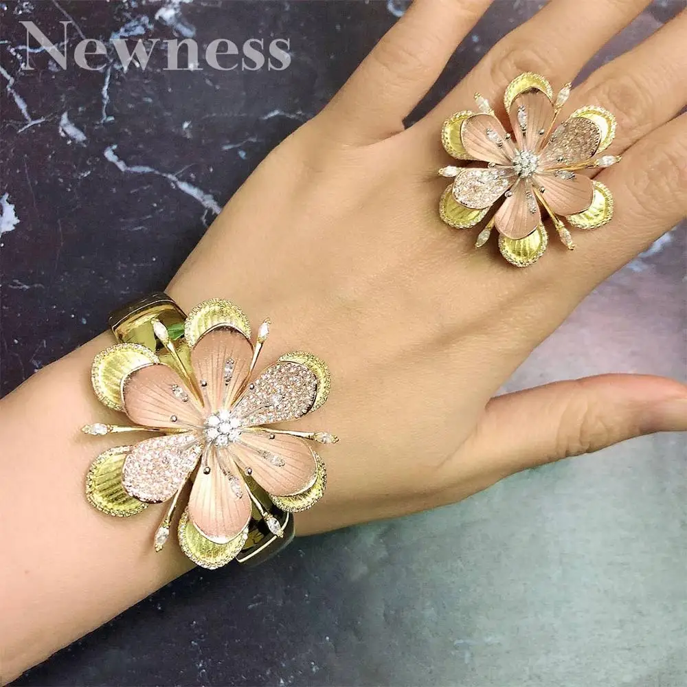 

Newness Luxury Flower Cluster Bangle Ring Sets Fashion Dubai Bridal Jewelry Sets For Women Wedding brincos para as mulheres