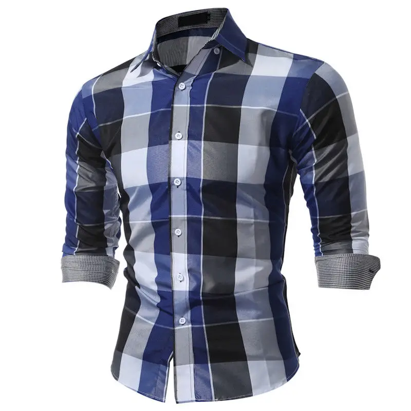 

Men's Plaid Shirts Long Sleeve Stitching Slim Casual Shirts Blouse Buttons Trun Down Neck Male Business Shirts Blouse Top