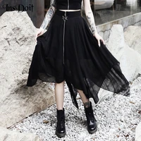 insdoit sexy mesh gothic women skirts pentagram zipper black punk skirts darkness skirt summer loose streetwear asymmetric skirt