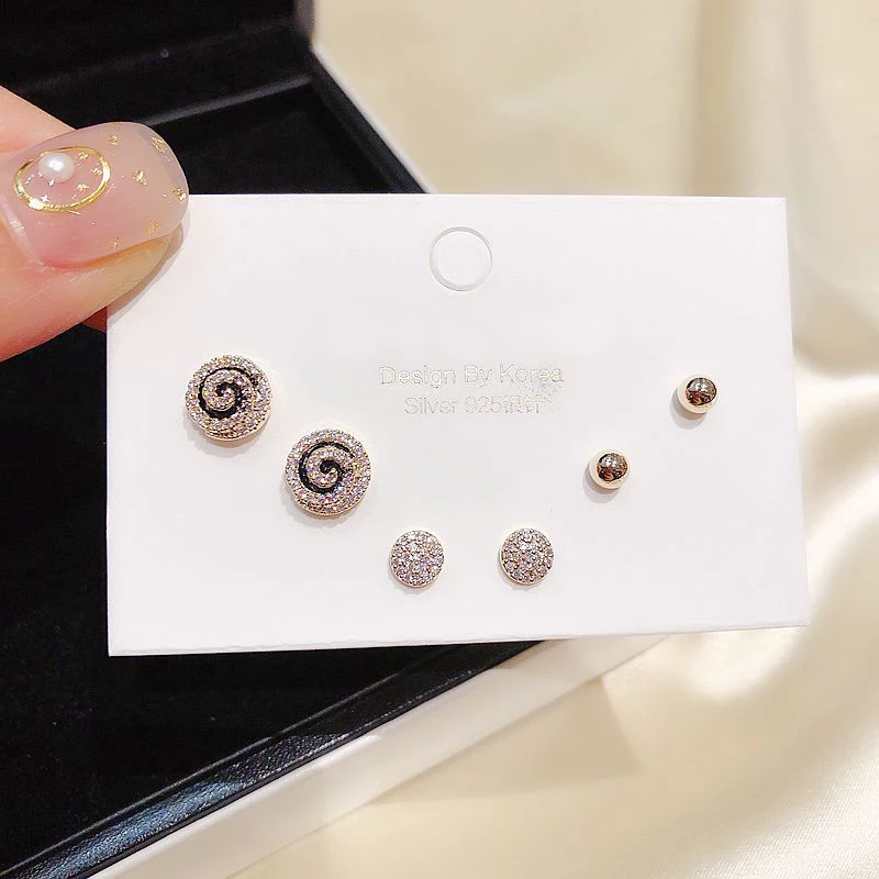 MIGGA 3 Pairs CZ Crystal Paved Round Stud Earrings Set Gold Color Cubic Zircon Women Jewelry | Украшения и аксессуары