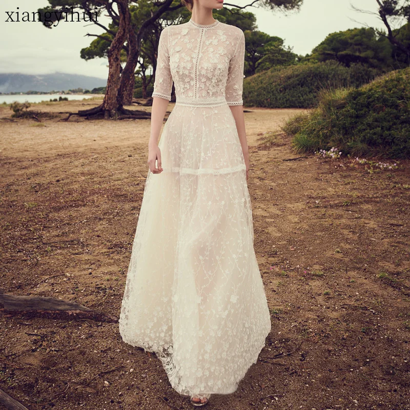 

2021 New Women Elegant Embroidered Lace Dress White Organza Female Splicing Dress Floral Hollow Out Beach Party Vestidos