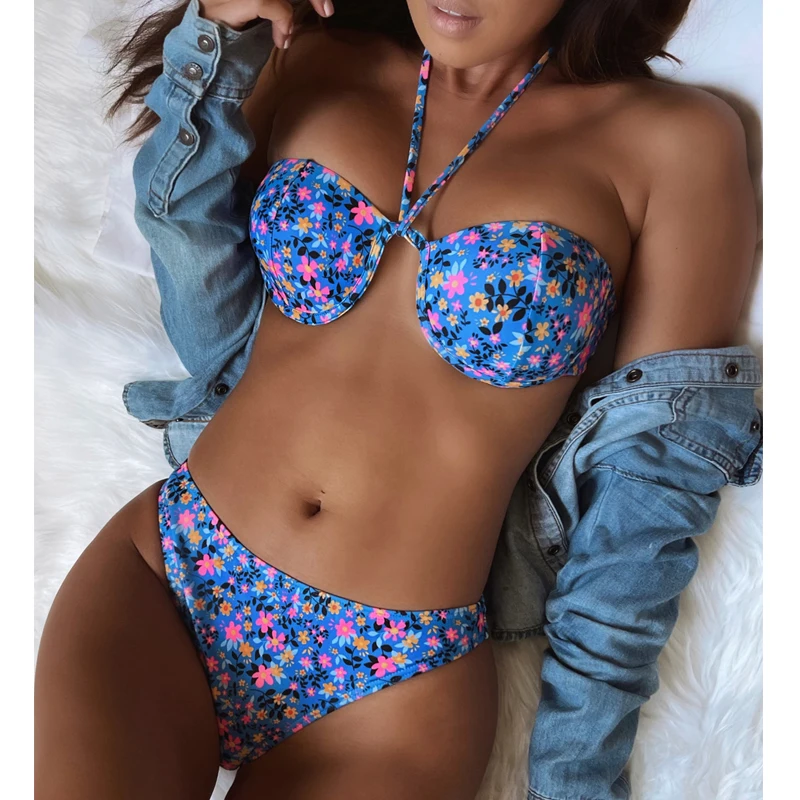 

Mossha, сексуальный синий купальник с цветочным принтом, бикини на косточках, пуш-ап, 2021, низкая талия, купальник, Ретро стиль, Холтер, купальный ...