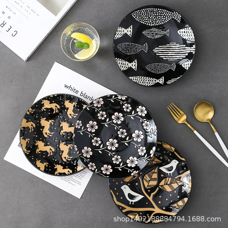 

Креативная 8-дюймовая Резьбовая тарелка Цветная глазурь ручная роспись керамическая тарелка для риса домашнее блюдо глубокое блюдо для рыб...