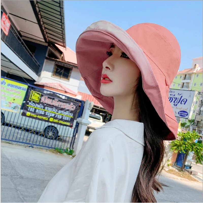 

New Summer Women Elegant Wide Brim Sun Hats Double-sided Foldable Sunscreen Hat Cotton Anti-UV Travel Beach Cap Flat Bucket Cap