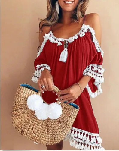 

Women Lady Summer Beauty Clothes Casual Off Shoulder Shortsleeve Party Beach Mini Dress Bohemian Solid Tassel Loose Dress