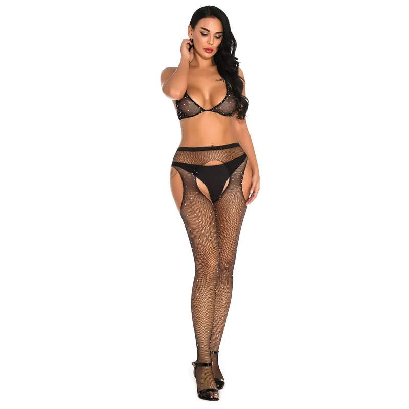 Сексуальные бриллиантовые женские ажурные сетчатые сорочки боди стразы Женская