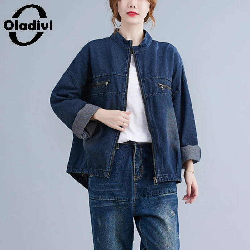 

Модная Джинсовая куртка Oladivi для женщин, повседневные свободные джинсовые пальто, верхняя одежда большого размера на весну и осень 2021, новое...