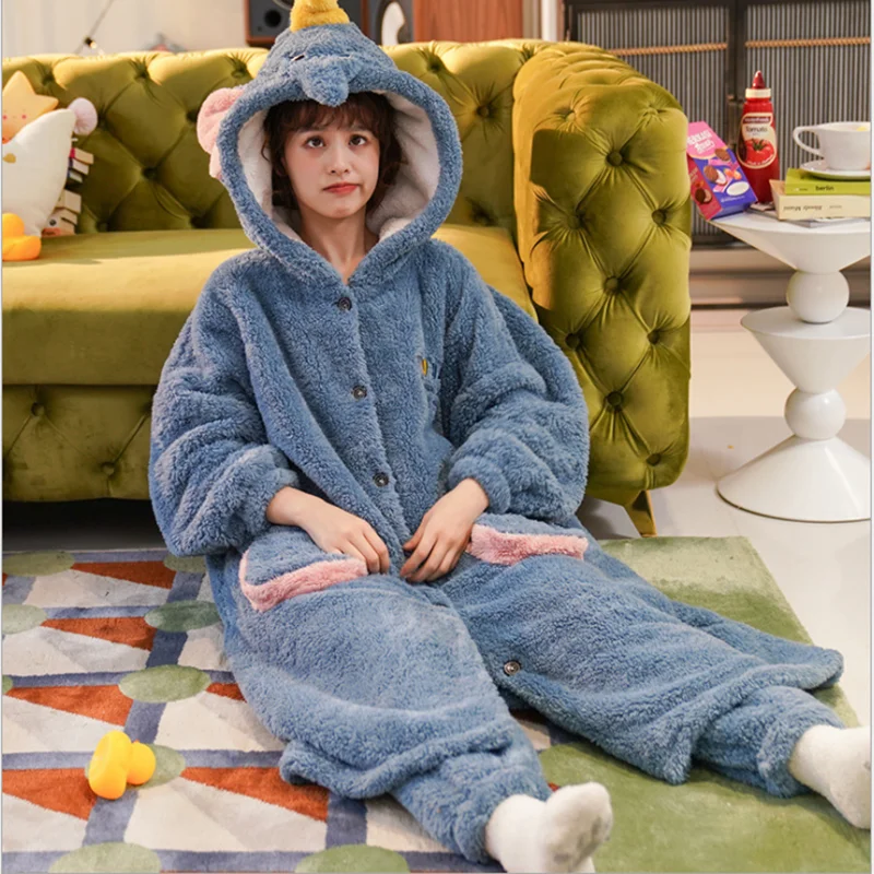 

Pajama women winter cartoon thickened coral fleece nightgown long two-piece suit can be worn outside flannel home service nighty