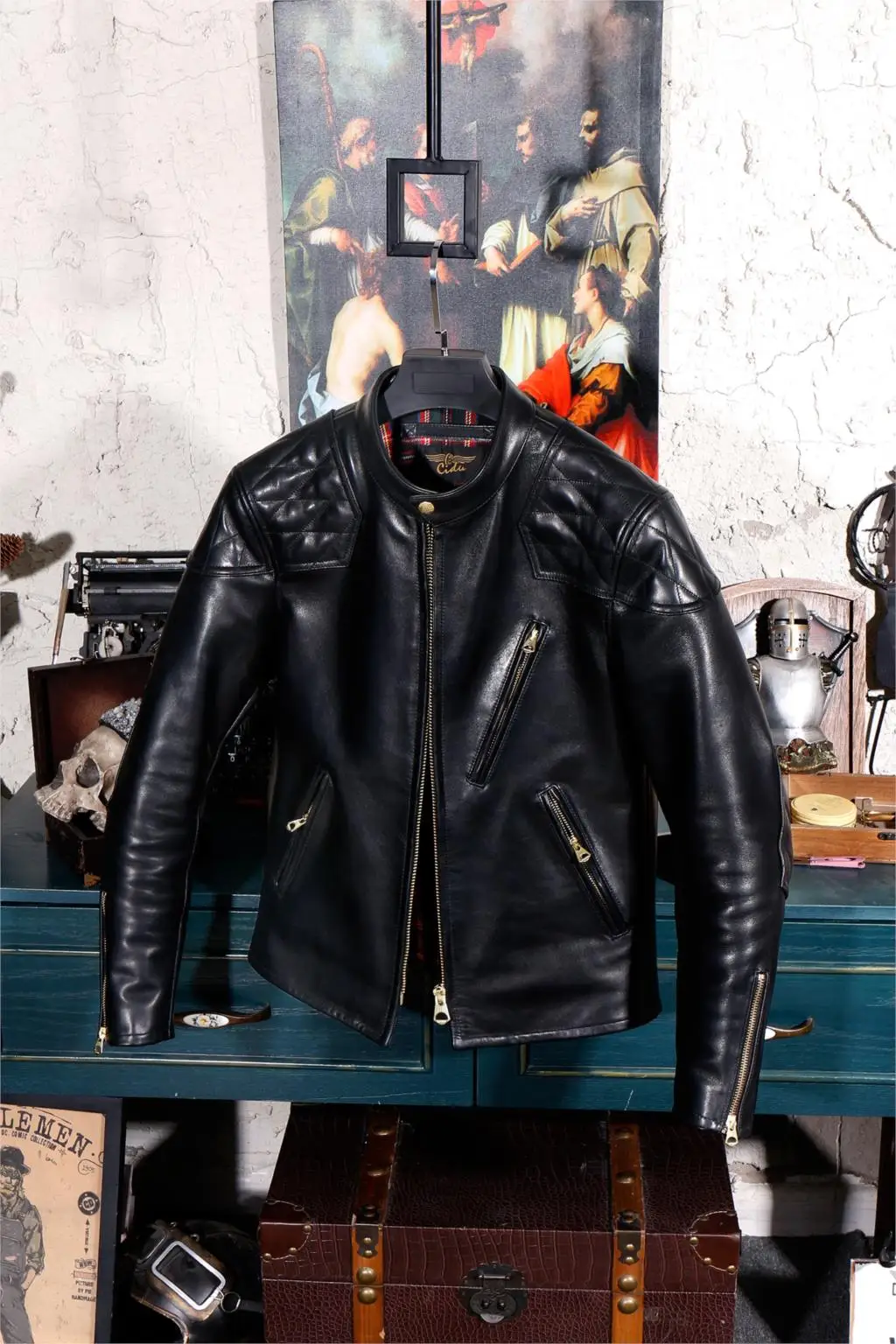 Винтажная байкерская куртка из натуральной кожи с изображением лошади - купить