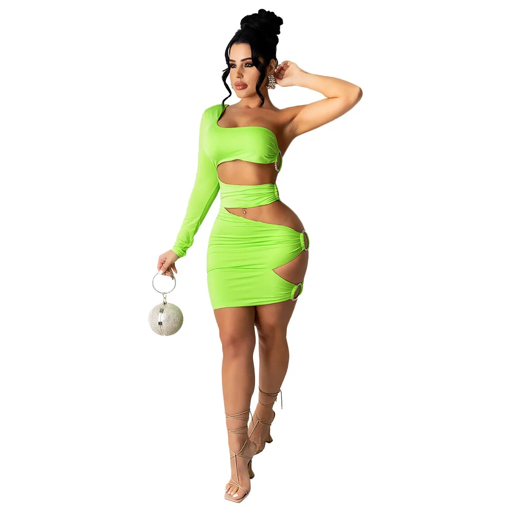 

Charming Women Mini Dresses 2021 Summer Hollow Out Slim Waist One Shoulder Night Club Party Solid Sexy Lady Asymmetrical Dress